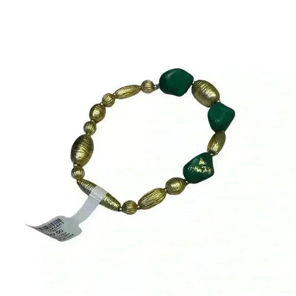 Chico’s Kelly Green Turquoise Gold Stretch Bracelet - Picture 3 of 3